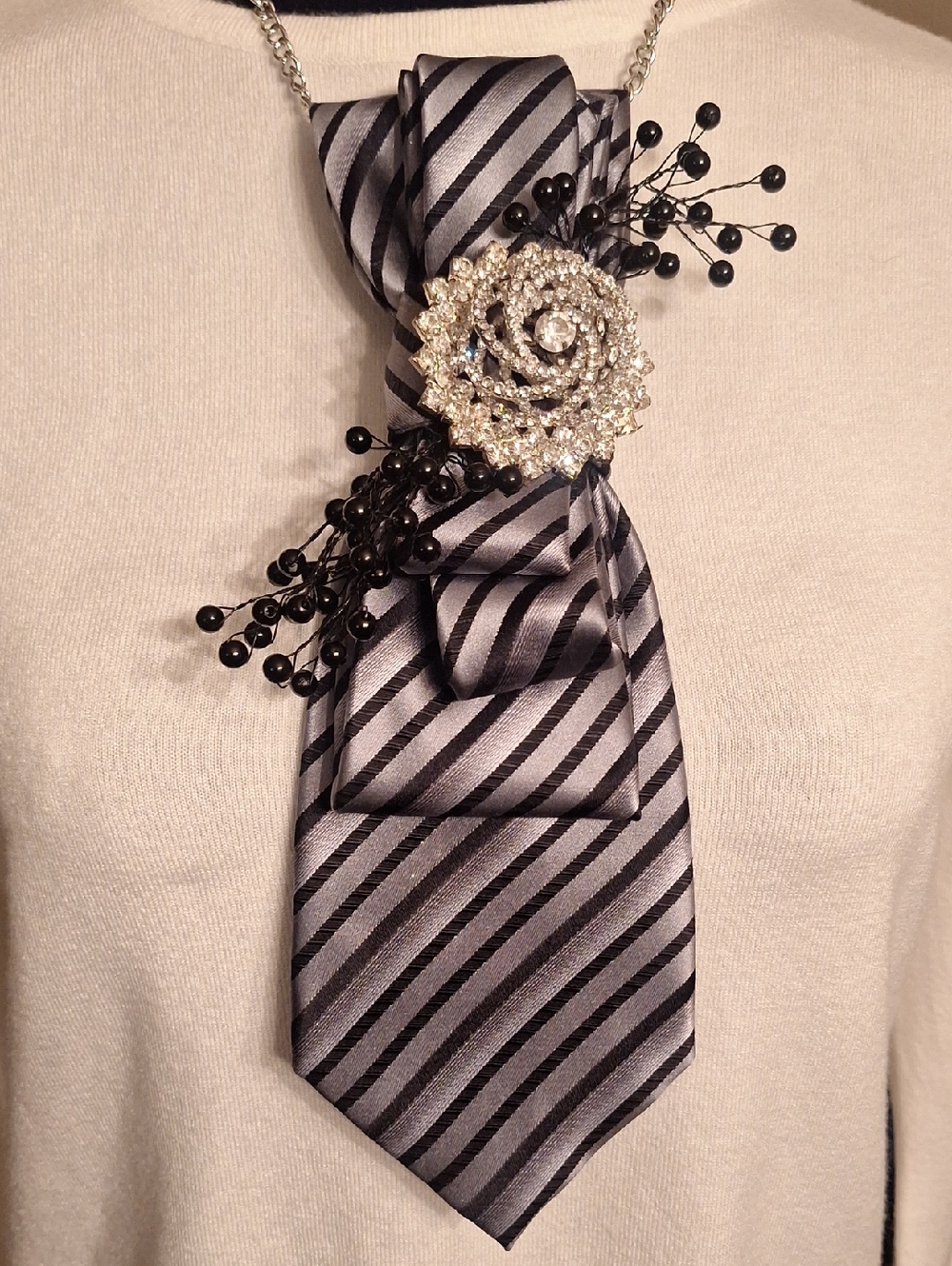 Sean John Upcycle Silver and Black Striped Necktie Necklace